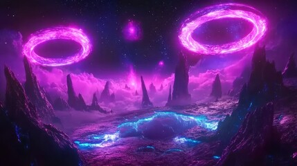 Fototapeta premium Alien landscape with glowing purple rings and celestial bodies