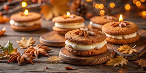 Fototapeta premium Softly lit gingerbread cookie sandwiches with creamy buttercream filling on a rustic wooden table background featuring warm candlelight and autumn leaves, warm lighting, holiday treats