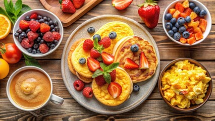A detailed top-view image of a colorful breakfast spread featuring scrambled eggs, crispy bacon, and fluffy pancakes with fresh fruit on the side , table setting, healthy