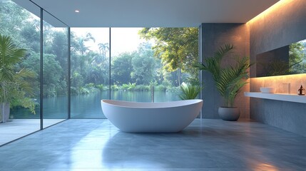 Fototapeta premium Modern bathroom with freestanding tub, large window overlooking tranquil lake and lush greenery.