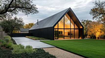 Obraz premium Modern black barn-style house with large glass windows, concrete patio, and manicured lawn at dusk.