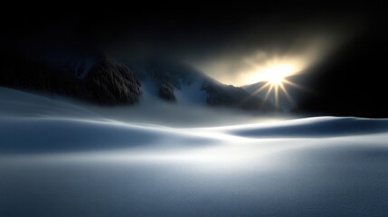Majestic sunrise over a snow-covered mountain range.  A serene and tranquil winter landscape, bathed in the soft glow of the rising sun.  Misty valley, rugged peaks, and pristine snow