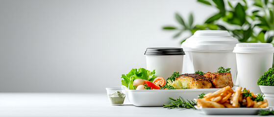 Food delivery containers on white background neat arrangement restaurant takeout minimalist style culinary presentation fresh ingredients