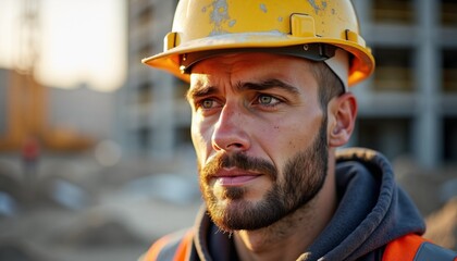 Determined construction worker wearing a hard hat and safety vest at a construction site for construction industry concept