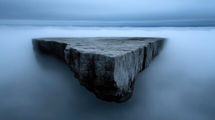 A solitary, massive stone slab, seemingly floating amidst a hazy, tranquil sea