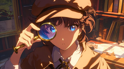 Young detective examining clues with a magnifying glass in a cozy library filled with books (1)