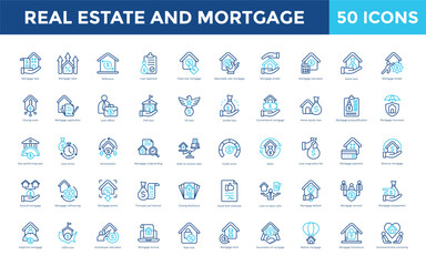 Real estate and mortgage icon set with home buying, property search, house hunting, real estate investment, open house, listing agent, closing process icon. Simple outline color vector 
