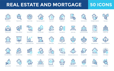 Real estate and mortgage icon set with mortgage loan, mortgage rates, refinance, loan approval, fixed rate mortgage, adjustable rate mortgage, mortgage broker icon. Simple outline color vector 
