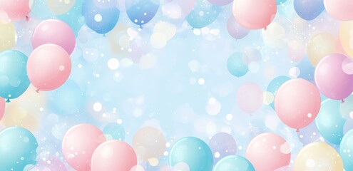 Pastel Balloons Floating on a Shimmering Light Blue Celebration Background
