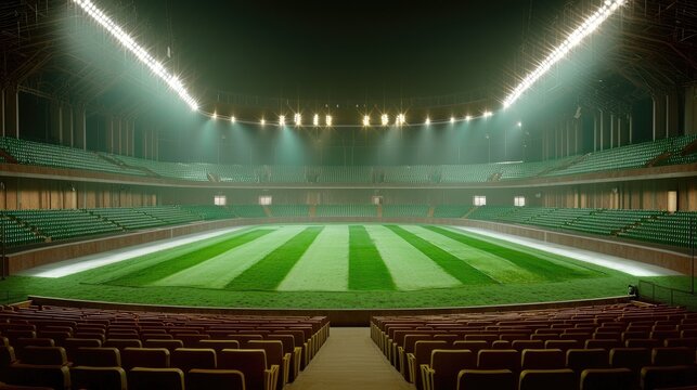 Wide-angle view of a cricket stadium with glowing floodlights and an empty green field.