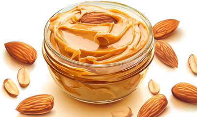 Realistic and artistic representations of almonds, almond farming, processing, and almond-based all isolated on a white background.