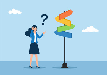 Business decision making, career path, work direction or choose the right way to success concept, confusing businesswoman looking at multiple road sign with question mark and thinking which way to go.