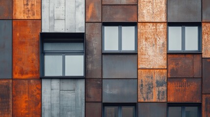 Modern building facade with rusty and gray metal panels, featuring multiple windows of varying sizes.