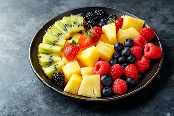 Vibrant Tropical & Berry Fruit Platter on Dark Plate