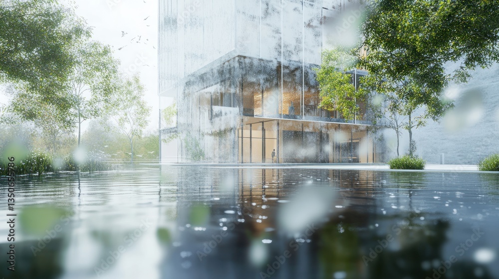 Poster modern building reflecting in rain puddle.
