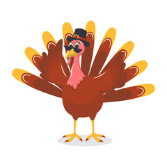 Thanksgiving Turkey Cartoon Character on White Background. Vector Illustration.