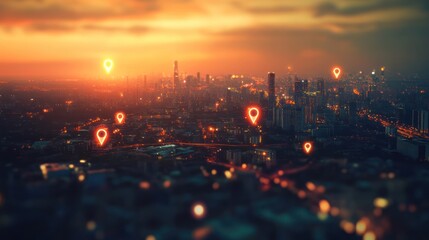 Cityscape at dusk with location markers. Aerial view. Stock photo