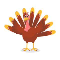 Thanksgiving Turkey Cartoon Character on White Background. Vector Illustration.