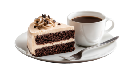 A Slice of Delight: A delicious slice of cake sits beside a cup of coffee on a plate. Capturing the perfect pairing of sweet and bitter in a visually appealing arrangement.