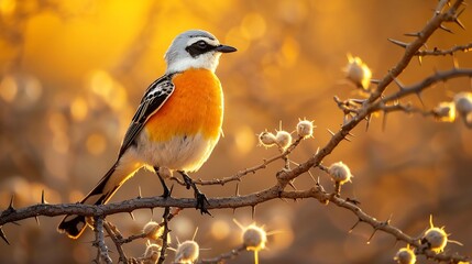 Naklejka premium White headed buffalo weaver perched a thorny acacia branch striking orange and black markings warm golden light filtering through dry savannah trees