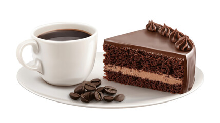 Cake and Coffee Delight: A tempting slice of rich chocolate cake sits beside a cup of hot, steaming coffee and a scattering of roasted beans, inviting a moment of indulgence and comfort.