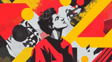 飛行機や本やキーボードが舞う夢の中の世界 女の子が中心に広がるファンタジックな背景素材 カラフルなデザインと雲や花が躍動するポップなグラフィックイラスト