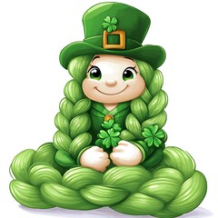 A smiling green leprechaun woman with lucky shamrocks and a hat