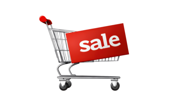 Sale Cart: A shopping cart with a "sale" sign, implying special offers or discounts, ready for shopping.