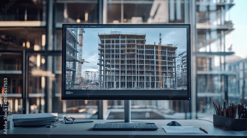 Poster Modern computer displaying a construction site progress.
