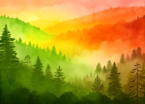 Morning sunrise over misty mountains and forest