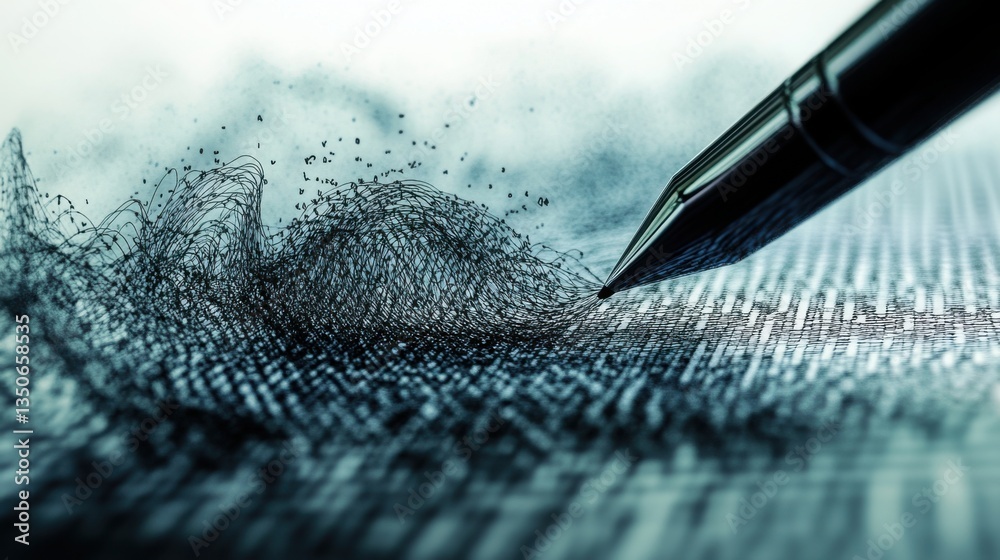Poster abstract digital waves and handwritten notes with pen in motion