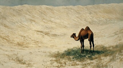 Camel grazing desert dune landscape; travel, tourism