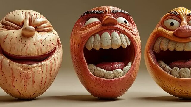Trio of Whimsical Sculptures:  A Display of Expressive Faces in Clay