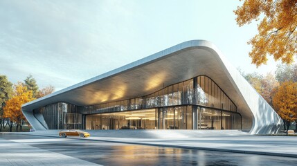 Obraz premium Modern concrete building with curved roof and large glass windows, situated in an autumnal setting.