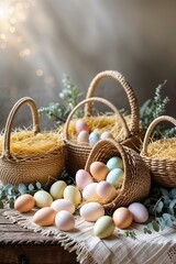 Obraz premium Colorful eggs arranged in woven baskets with dried grass for a festive spring celebration