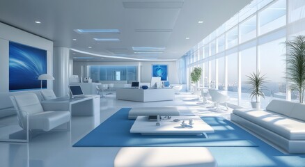 Futuristic white office interior with blue accents, city view, modern art