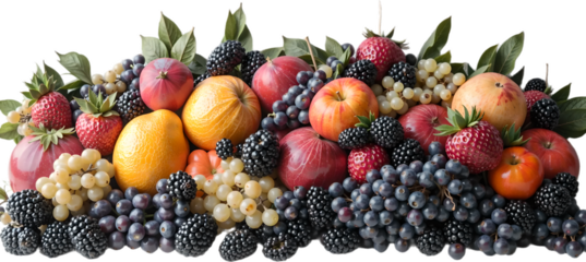 A bowl of fresh and ripe mixed berries and fruits with white background