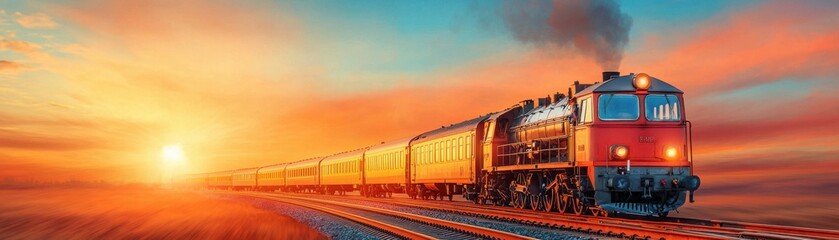 A vintage train traveling through a sunset landscape, showcasing nostalgic transportation.
