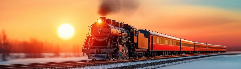 Naklejka premium A vintage steam train travels through a snowy landscape at sunset.