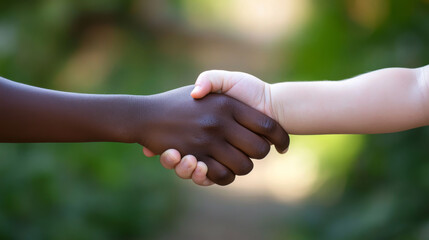 Unity in diversity handshake between children outdoor setting emotional connection natural environment close-up perspective