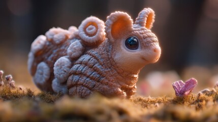 Obraz premium A miniature creature, light beige, with intricate textures, sits amongst moss and small flowers. It has large expressive eyes and delicate features