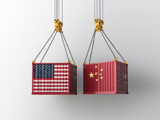 Crane lifting shipping containers featuring US and China flags for global trade.