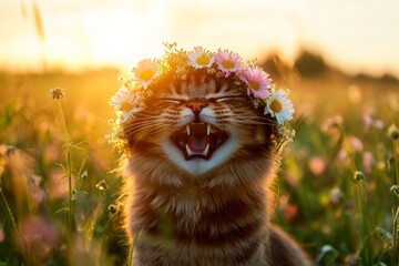 Obraz premium Vacation time happiness. Golden hour in sunset. Cute adult cat siberian wearing primal flower crown on its head. Bright summer portrait of a cat. Boho-style floral wreath for pets.