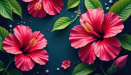 Obraz premium Vibrant hibiscus blooms, lush leaves, intricate floral pattern , red, elegance, exotic