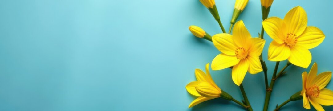 Bold yellow blooms on muted blue backdrop Modern poster design , color, leaves