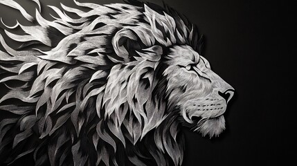Obraz premium Majestic lion profile, fiery mane, dark background, power concept