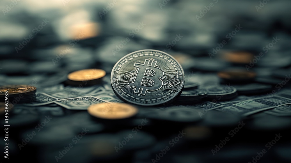 Poster bitcoin coin on a pile of cryptocurrency coins in digital setting