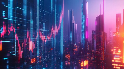 Futuristic Cityscape with Digital Stock Market Graph and Neon Illumination