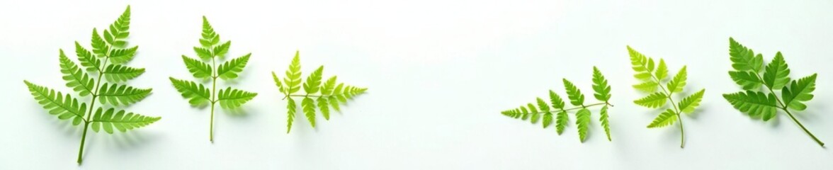 Delicate fern fronds scattered on a pure white surface, simple, ferns, pure