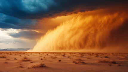 Fototapeta premium Massive Sandstorm Sweeping Across the Desert with Dramatic Sky and Powerful Winds in an Extreme Weather Phenomenon